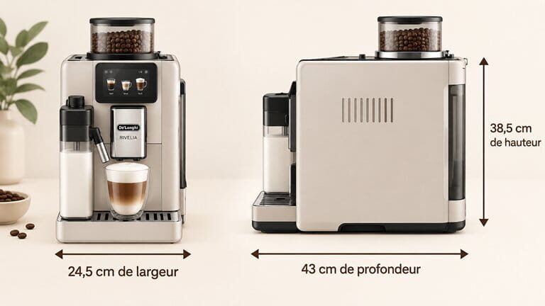 Illustration des dimensions de la machine à café De’Longhi Rivelia : 24,5 cm de largeur, 43 cm de profondeur et 38,5 cm de hauteur.